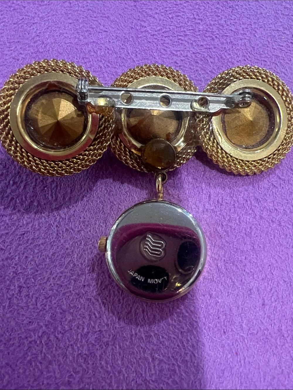 B111- gold-Tone Multi-Crystal Nurse Fob Watch brooch- Red, Purple, Green